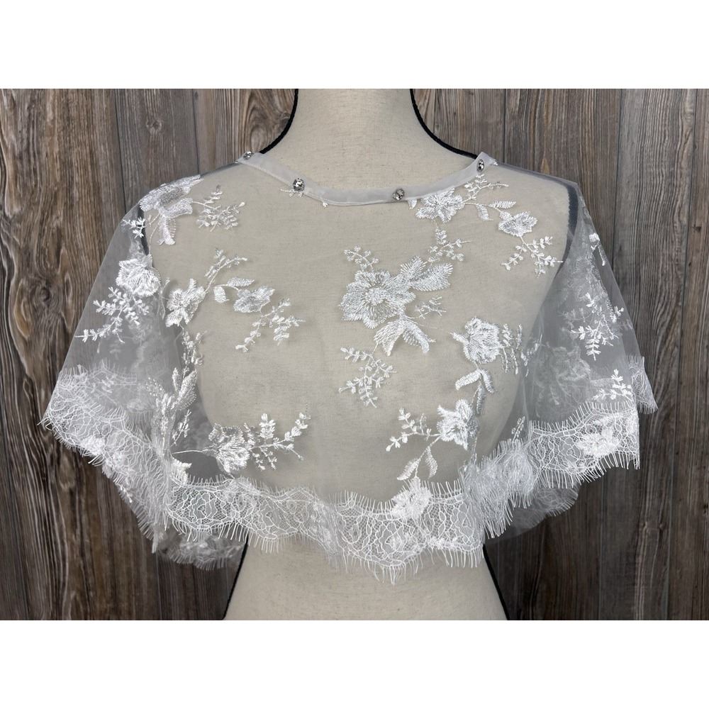 Bridal Sheer Mesh Embroidery Lace Asymmetric Shawl Cape Wedding Prom Party - Picture 2 of 7